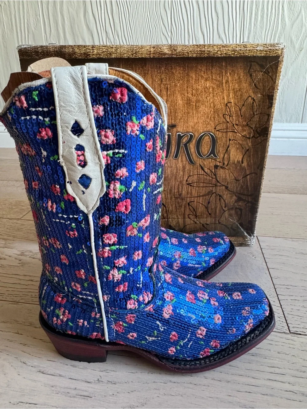 YADIRA Girl's Blue Sequin Floral Cowboy Boots with White Pull Tabs Sz: 12